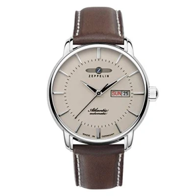 Image of Zeppelin Men&#039;s Watch with Leather Strap Atlantic Series Automatic Weekday Date 8466, Cream / dark brown, Strap.