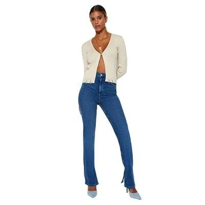Image of Trendyol Women High Waist Straight Leg Flare Jeans Dark Blue