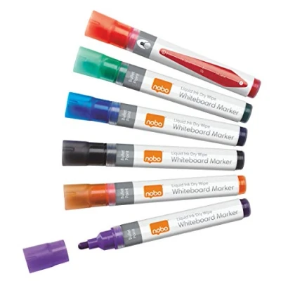 Image of Nobo Liquid Ink Drywipe Whiteboard Pens, 3 mm Bullet Tip, Pack of 6, 1901419, Coloured