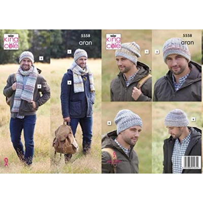 Image of King Cole 5558 Knitting Pattern Mens Hats and Scarves in Drifter Aran
