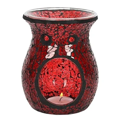 Image of Elegant Red Glass Large Pillar Crackle Oil Burner 14cm x 11cm (1 Pc.) Luxurious Design, Premium Material, Aromatherapy Accessory Ideal for Home &amp; Office Decor