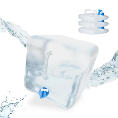 Image of Relaxdays Folding Water Canister Set of 4, Faucet, Screw Cap, Handle, Camping Container, BPA Free, 20 litres, Clear/Blue, 28.5 x 28 32 cm