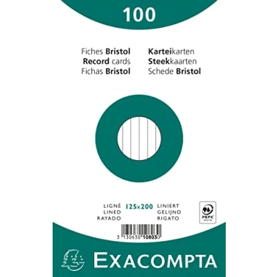 Image of Exacompta Ref 10803X Bristol Lined Record Cards (Pack of 100) 125 x 200mm in Size, 205gsm Card, Compatible with Printers Suitable for Exam Revision &amp; Notes White