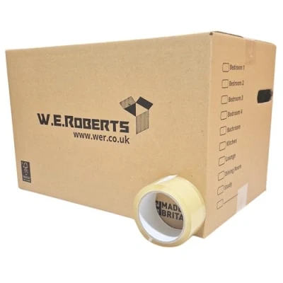 Image of W.E. Roberts 30 Large Strong Cardboard house moving Boxes with Carry Handles and Room List, Removal Packing for 45.7cm x 28.8cm 66 Metre Low Noise Clear Tape