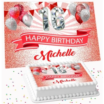 Image of RED GLITTER BIRTHDAY PARTY PERSONALISED ICING EDIBLE COSTCO CAKE TOPPER DECORATION R2 435