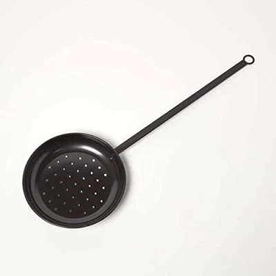 Image of HOMESCAPES Chestnut Roasting Pan for Open Fire or BBQ Cast Iron Frying with Long Handle
