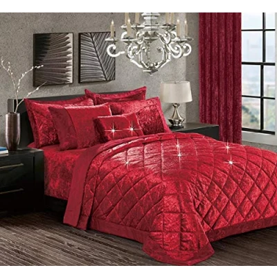 Image of swift 3 Piece Quilted Bedspread/Bed Throw with Pillow Shams Luxury Premium Quality Crushed Velvet (Burgundy, Super King)