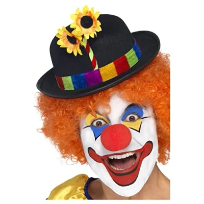 Image of Smiffys Clown Bowler, Black with Multi Colour Band &amp; Flower, Circus Fancy Dress, Dress Up Hats