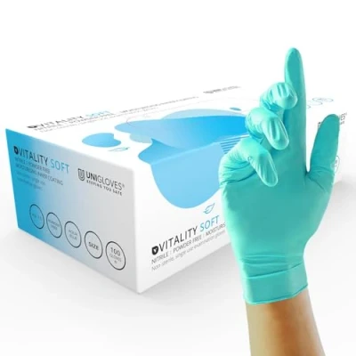 Image of Unigloves Vitality Nitrile GD0052 Moisturising Examination Multipurpose, Powder and Latex Free Disposable Gloves, Box of 100 Aqua Blue, Small