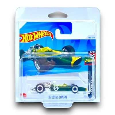 Image of Hot Wheels &#039;67 Lotus Type 49 (BRG &amp; Yellow) 8/10 HW Race Day 2024 188/250 (Short Card) includes a KLAS Car Keeper Protector Case HRY76