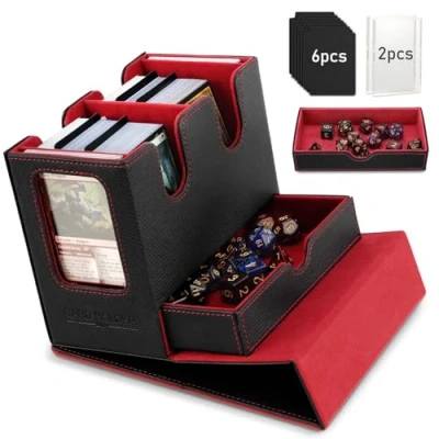 Image of TiMOVO MTG Deck Box, Commander Card Box with Display &amp; Dice Tray Fits 400+ Unsleeved Cards, Leather Magnetic Storage Case 6 Dividers for TCG CCG Magic Black+Red