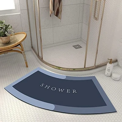 Image of EUPXRHY Quadrant Curved Bath Mat, Strong Absorbent Shower Rug, Soft and Comfy Corner Bathroom Washable Mat with Non Slip Bottom for Circular Shower,Blue,45x100CM