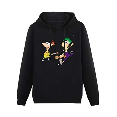 Image of kfr Long Sleeve Hooded Sweatshirt Phineas And Ferb Musical Comedy Logo Cotton Blend Hoody Black