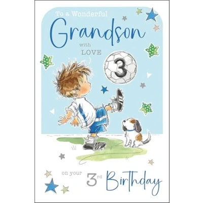 Image of Jonny Javelin Wonderful Grandson 3rd Birthday Card Happy Age 3 with Boy, Dog and Football Design Foil Flitter Details for Children