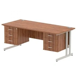 Image of Impulse 1800x800 Desk Walnut Silver Cantilever Leg + 2x Fixed Pedestal