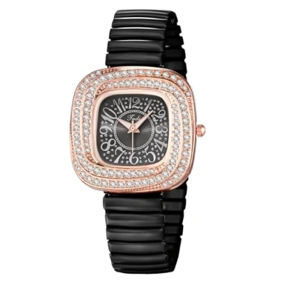 Image of JewelryWe Iced Out Square Elastic Watch: Easy Reader Analog Quartz Stretch Band Dress Watch Expansion Wristwatch for Women