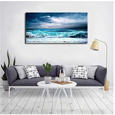 Image of Ocean Aqua Waves Canvas Wall Art Picture Stormy Weather Blue Sky Artwork Sea Beach Painting for Office Home Decor 60x90cm No Frame