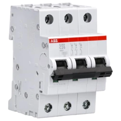 Image of ABB S203 C25 Miniature Circuit Breaker, 3 Pole, Type C, 6/10kA Breaking Capacity, 25 Amp Current (2CDS253001R0254)
