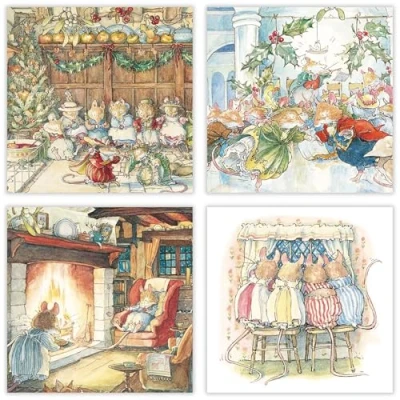 Image of Museums and Galleries Charity Christmas Cards Pack of 20 with 4 Brambly Hedge Illustrated Designs Eco Friendly Xmas Multipack Envelopes