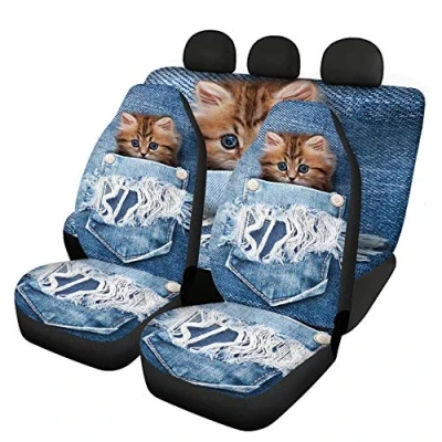 Image of Renewold Automotive Full Set Seat Covers, Denim Pocket Tabby Cat Print Cover, Non slip Front Bucket Cover and Rear Split Bench Car Decor for Women