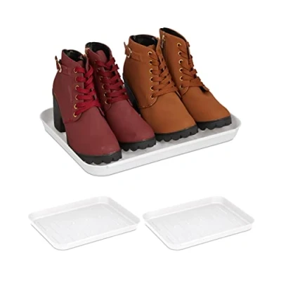 Image of Relaxdays Shoe Trays, Set of 3, Hallway Storage for Muddy or Wet Boots, Wellies &amp; Trainers, 35 x 27 cm, Plastic, White