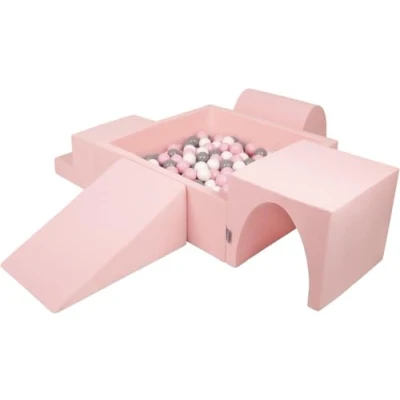Image of KiddyMoon Foam Playground For Kids With Square Ballpit (300 Balls ∅ 7Cm/2.75In) Soft Obstacles Course And Ball Pool Made In EU, Pink:White/Grey/Powder Pink