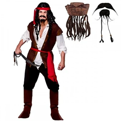Image of A2ZFD Adult Mens Caribbean Captain Jack Pirate Fancy Dress Costume + Hat With Hair &amp; Beads Beard Tash (X Large (Chest 48&#039;&#039;)), Brown