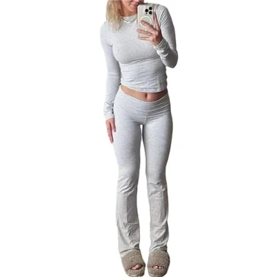 Image of EXQST 2023 New Cotton Jersey Lounge Set Slim Fit Long Pants Jogger Yoga Tracksuit Fold Over