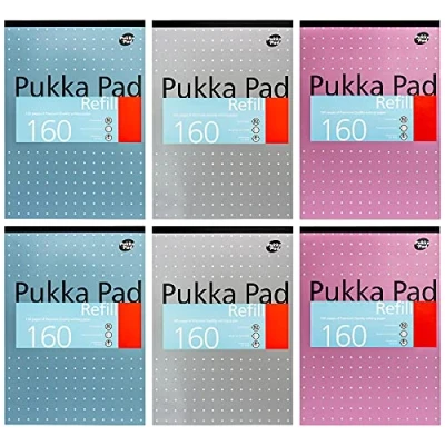Image of Pukka Pad, A4 Refill Notepad 160 Pages of Premium Quality Writing Paper 80GSM, with Feint Ruled 8mm Lines and Margin Tape Head Bound 4 Holepunch for Easy Filing 29.7 x 21cm Pack 6 in Assorted Colours