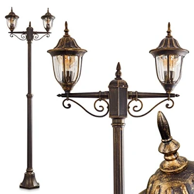 Image of hofstein Outdoor lamp Ribadeo, Candelabra in Antique Look, cast Aluminium Black/Gold with Clear Glass panes, 2 arm Path Light 225 cm, Retro/Vintage Garden lamp, E27 Socket, IP44, Without Bulbs