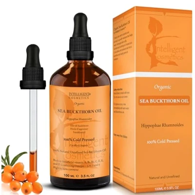 Image of SEA Buckthorn Oil 100ML, 100% Cold Pressed Organic, Unrefined, Pure &amp; Natural, Repairs Damaged Skin, Calms Irritated Heals Rosacea Supplied in Glass Amber Bottle with Pipette