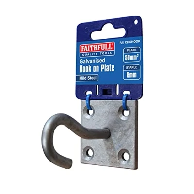 Image of Faithfull FAICHGHOOK 8 mm (Dia) Galvanised Steel Hook On Pre Drilled Plate (50 x 50 mm),Silver