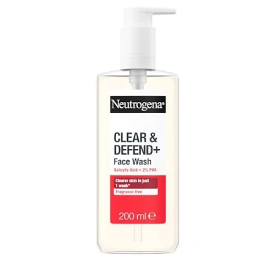 Image of Neutrogena Clear &amp; Defend+ Face Wash (1x 200ml), Purifying Facial for Acne Prone Skin with Salicylic Acid and AHA/PHA, Fragrance Free Spot to Help Prevent Breakouts
