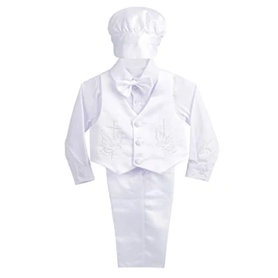 Image of Lito Angels Baby Boys Satin Baptism Christening Outfit Formal White Suit with Bonnet Waistcoat 5 Pieces Set Age 18 24 Months, D Long Sleeve