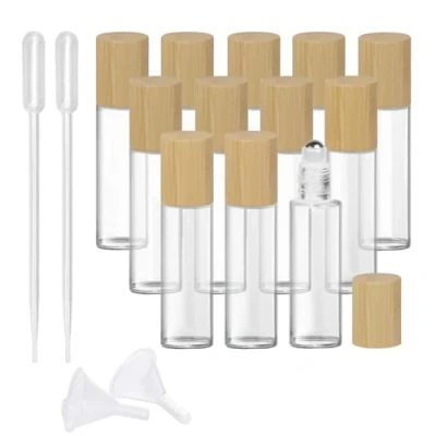 Image of Glass Roll On Bottle with Bamboo Lid for Essential Oils, Creatiee Eco friendly Refillable Clear Perfume Sample Bottles Stainless Steel Roller Ball Portable &amp; Practical (12Pcs 15ml Clear)
