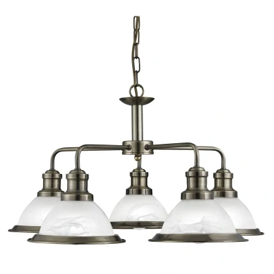 Image of Bistro 5 Light Multi Arm Ceiling Pendant Antique Brass, Acid Glass, E27