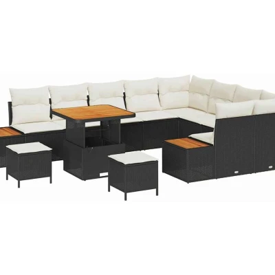 Image of vidaXL 12 Piece Garden Sofa Set with Cushions Black Poly Rattan Acacia