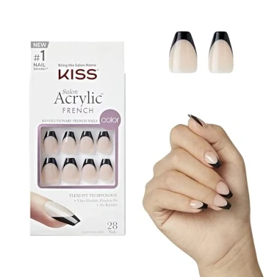 Image of KISS Salon Acrylic French Color Press On Nails, ‘Flame’, Black, Short Coffin, 31 Ct.