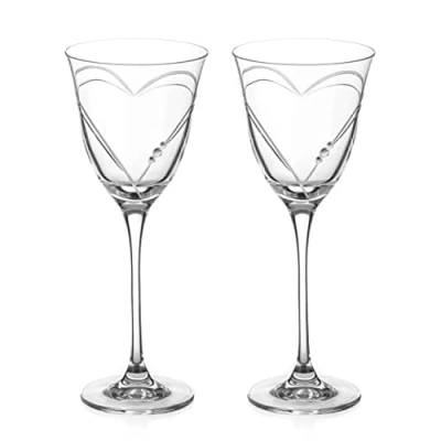 Image of DIAMANTE Swarovski Crystal White Wine Glasses &#039;Beloved Hearts&#039; Hand Cut Romantic Design with Crystals