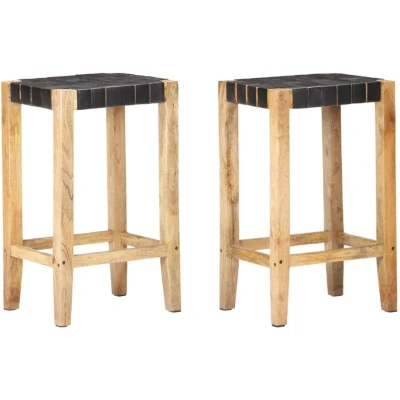 Image of vidaXL Bar Stools 2 pcs Black Real Leather 75 cm
