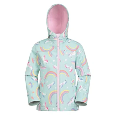 Image of Mountain Warehouse Exodus Kids Softshell Jacket Breathable, Wind &amp; Water Resistant, Fleece Lined Coat For Boys Girls Autumn, Winter, Hiking Outdoors Mint Unicorn Size 9 10 Years