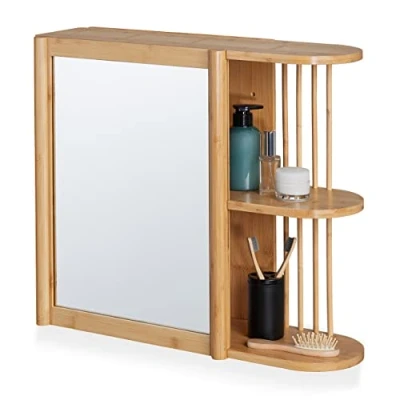Image of Relaxdays Wall Shelf with Mirror, Bamboo, 2 Half Open Shelves, 53x62x20 cm, Bathroom, Hanging, Cabinet, Natural Wood, Glass