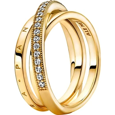 Image of Pandora Signature Crossover Pavé Triple Band 14k gold plated ring with clear cubic zirconia, 60