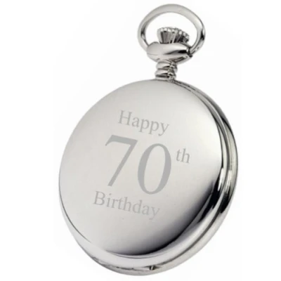 Image of PERSONALISED SILVER 70TH BIRTHDAY POCKET WATCH WITH CHAIN PW198 CAN BE ENGRAVED FREE