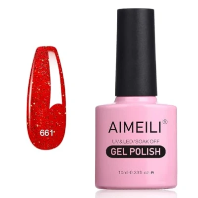 Image of AIMEILI Christmas Red Glitter Gel Nail Polish, UV/LED Soak Off Sparkly Shiny Polish French Gel, Art Manicure Salon DIY at Home, Long Lasting &amp; Easy to Apply 10ML (661)