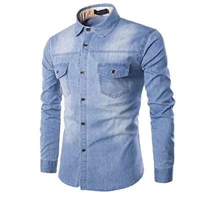 Image of Men&#039;s Washed Distressed Denim Shirt Casual Slim Fit Button Down Long Sleeve Cowboy Work with Pocket(Light blue,X Large)