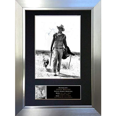 Image of JOHN WAYNE Signed Autograph Mounted Photo Reproduction PRINT A4 Rare (297 x 210mm) #129 (Silver Frame)