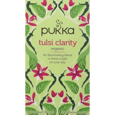Image of Pukka Herbs Tulsi Clarity Organic Herbal Tea Green, Purple and Lemon Perfect For Focusing 3 packs 60 Sachets