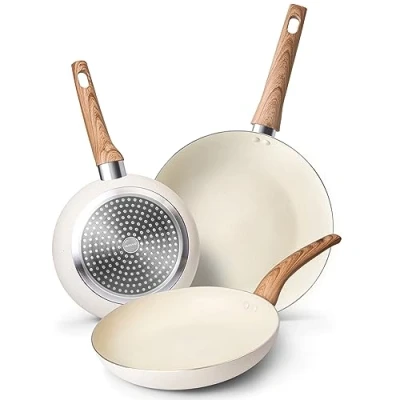 Image of nuovva Induction Hob Pan Set 3pcs Non Stick Chefs Pans Kitchen Cream Granite Frying Cookware 20cm, 24cm and 28cm