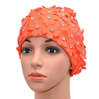 Image of Medifier Manual Rhinestone Floral Petal Retro Style Swim cap Bathing Caps for Women Orange